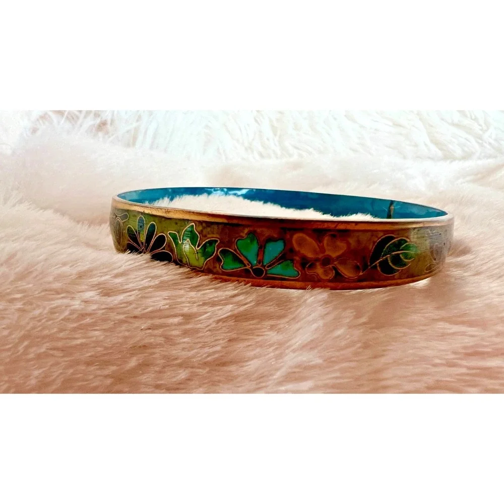 Vintage Cloisonne‎ Bangle Floral Green Teal Enamel Brass Bracelet Earth Tones